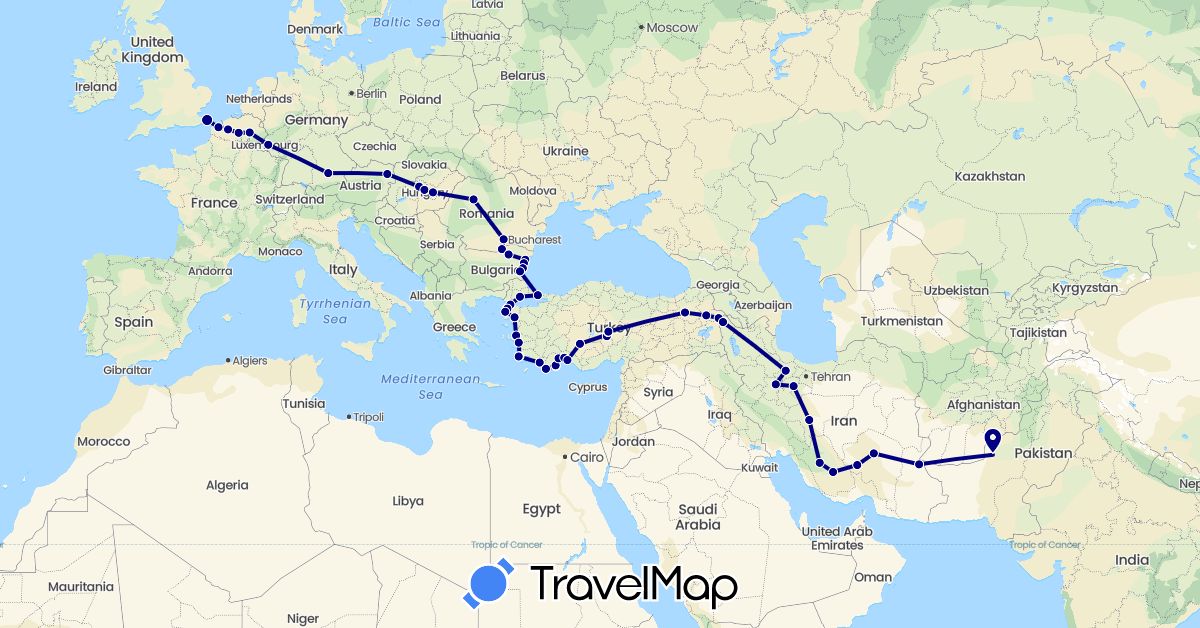 TravelMap itinerary: driving in Austria, Belgium, Bulgaria, Germany, France, United Kingdom, Hungary, Iran, Luxembourg, Pakistan, Romania, Turkey (Asia, Europe)